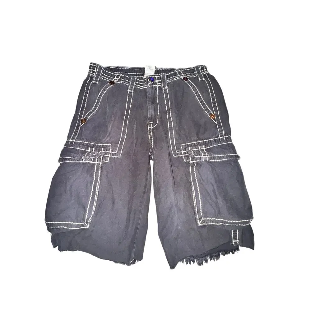 True Religion Isaac Big T Cargo Shorts Men's Size 31 Gray Cut Off Drawstring